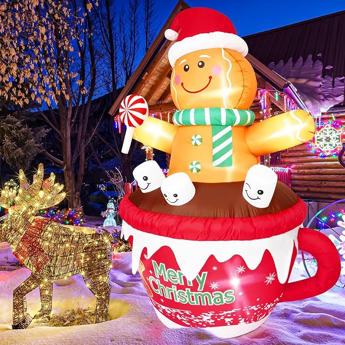 FRAMICS 7 FT Christmas Inflatable Gingerbread Outdoor Decorations, Gingerbread Man in Hot Cocoa Mug Inflatable, Cute Blow Up Yard Inflatable for Party Garden Lawn Yard Gifts Outdoor Indoor