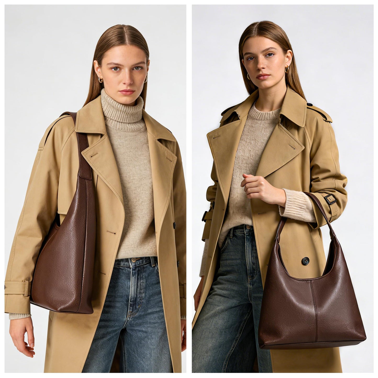 VESSALOIR Hobo Bags for Women, Slouchy Shoulder Bag for Women, Coffee Brown Handbag in Vegan Leather with Matching Zip Pouch, Magnetic Snap Closure, Built-In Key Leash