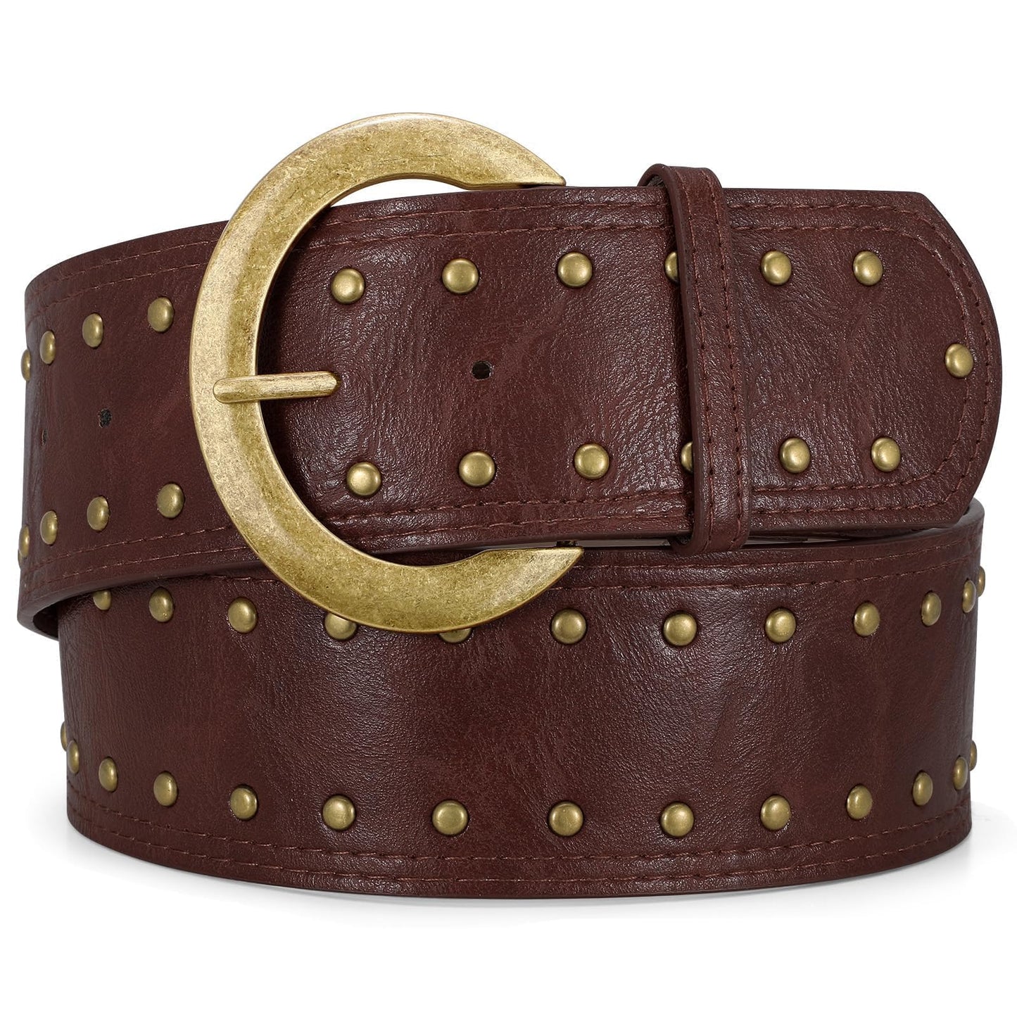 WOWOGO Dark Brown Wide Chunky Leather Belts for Women 2.3" Western Vintage Boho Studded Thick Waist Belt for Dresses