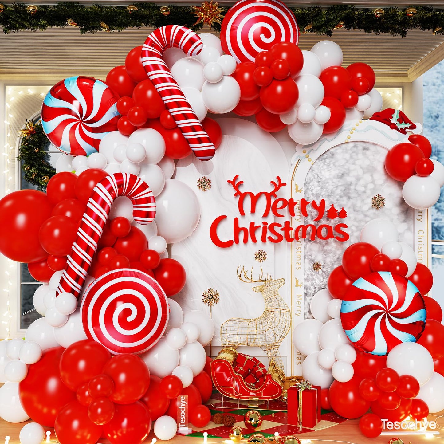 142 Pcs Christmas Balloon Garland Arch Kit with Xmas Red and white Candy Cane foil Balloons, Red White Candy Balloons for Christmas Party Decorations Birthday Supplies