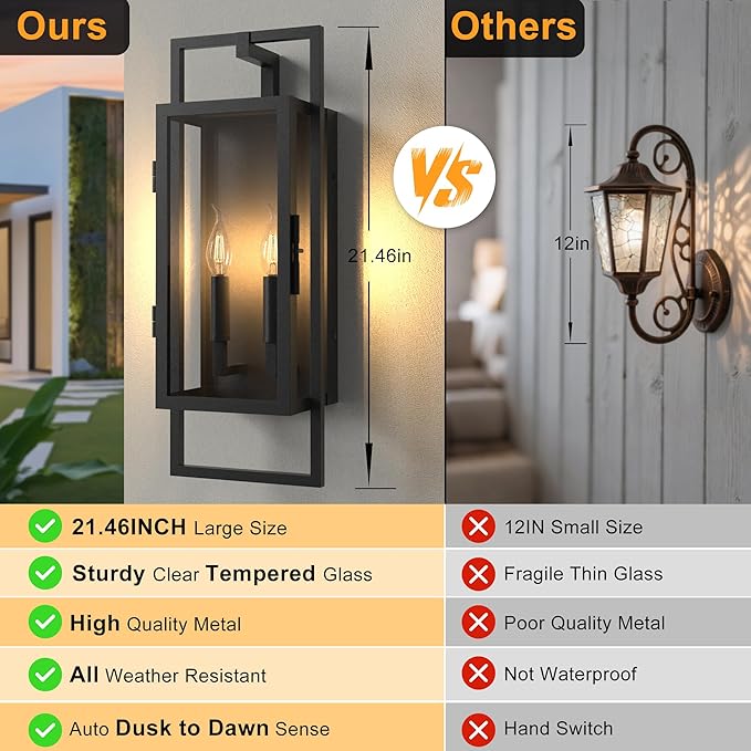 𝟐𝟏.𝟒𝟔𝐈𝐍 Outdoor Light Fixture, Dusk to Dawn Outdoor Lighting 2-Light, Waterproof Outdoor Wall Lights with Tempered Glass, Black Front Open Window Outdoor Lights for House Porch Patio
