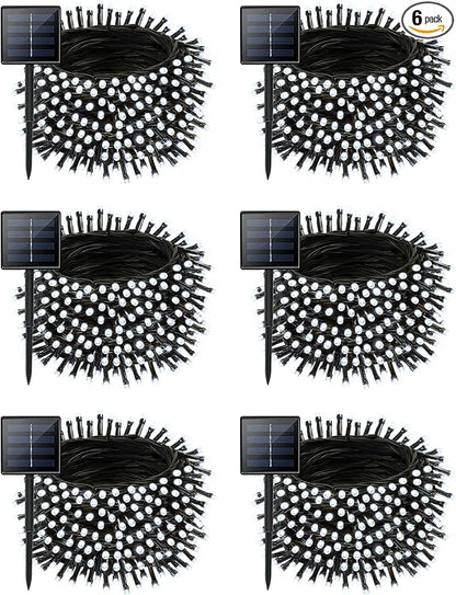 6 Pack Christmas Solar String Lights Outdoor Waterproof, 198FT 600 LED Green Wire Solar Fairy Lights with 8 Modes, Solar Twinkle Lights for Garden Tree Patio Fence Christmas Decorations (Cool White)