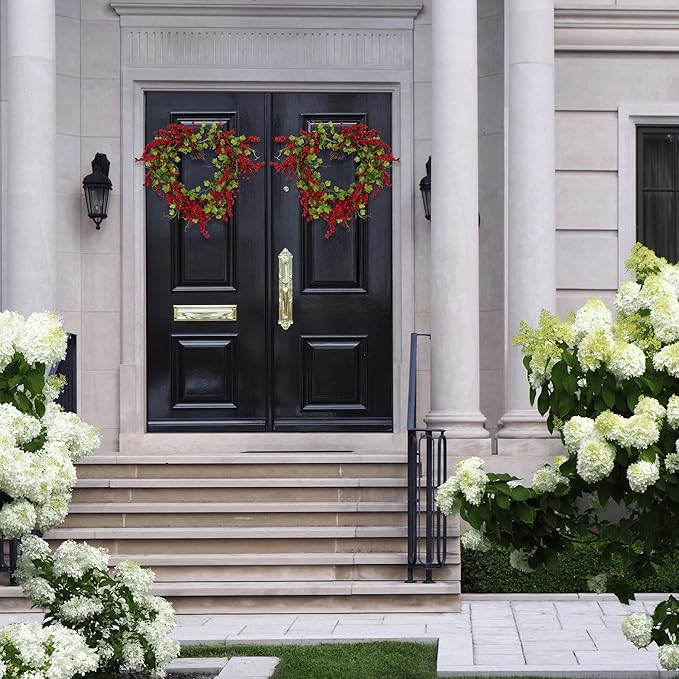 Valentines Day Wreath Heart Wreath with Red Berries Lush Green Ivy, Romantic Front Door Decoration for Spring Mother's Day, Perfect for Weddings & Indoor/Outdoor Farmhouse Décor