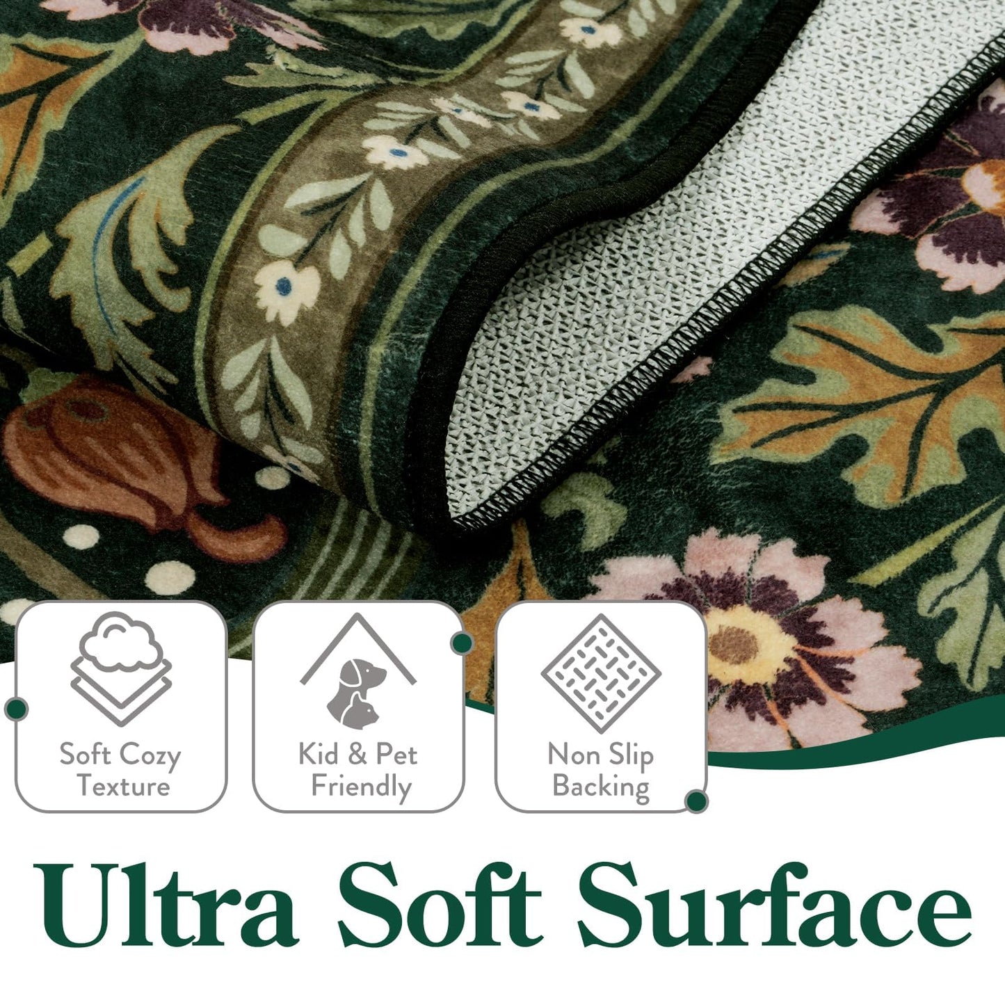 Moynesa Floral Washable 5x7 Rug, Green Area Rugs for Living Room, Non Slip Boho Dining Room Rug Under Table, Botanical Ultra Thin Floor Carpet for Bedroom Home Office, Green