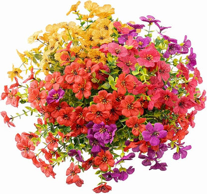 Outdoor Artificial Flowers, 8 Bundles Fake Flowers Autumn Decoration, No Fade Faux Plastic Shrubs for Garden Patio Porch Window Box Fall Decor (Fuchisa,Rose Yellow,Red)