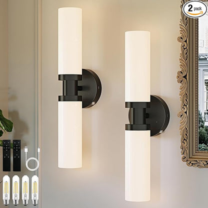 Rechargeable Battery Wall Sconce Set of Two, Cordless, Dimmable, Timer, Remote, Touch Control, 3000K, USB-C Charging for Living Room, Bedroom Black with White Lampshade (Include 4 Special Bulbs)