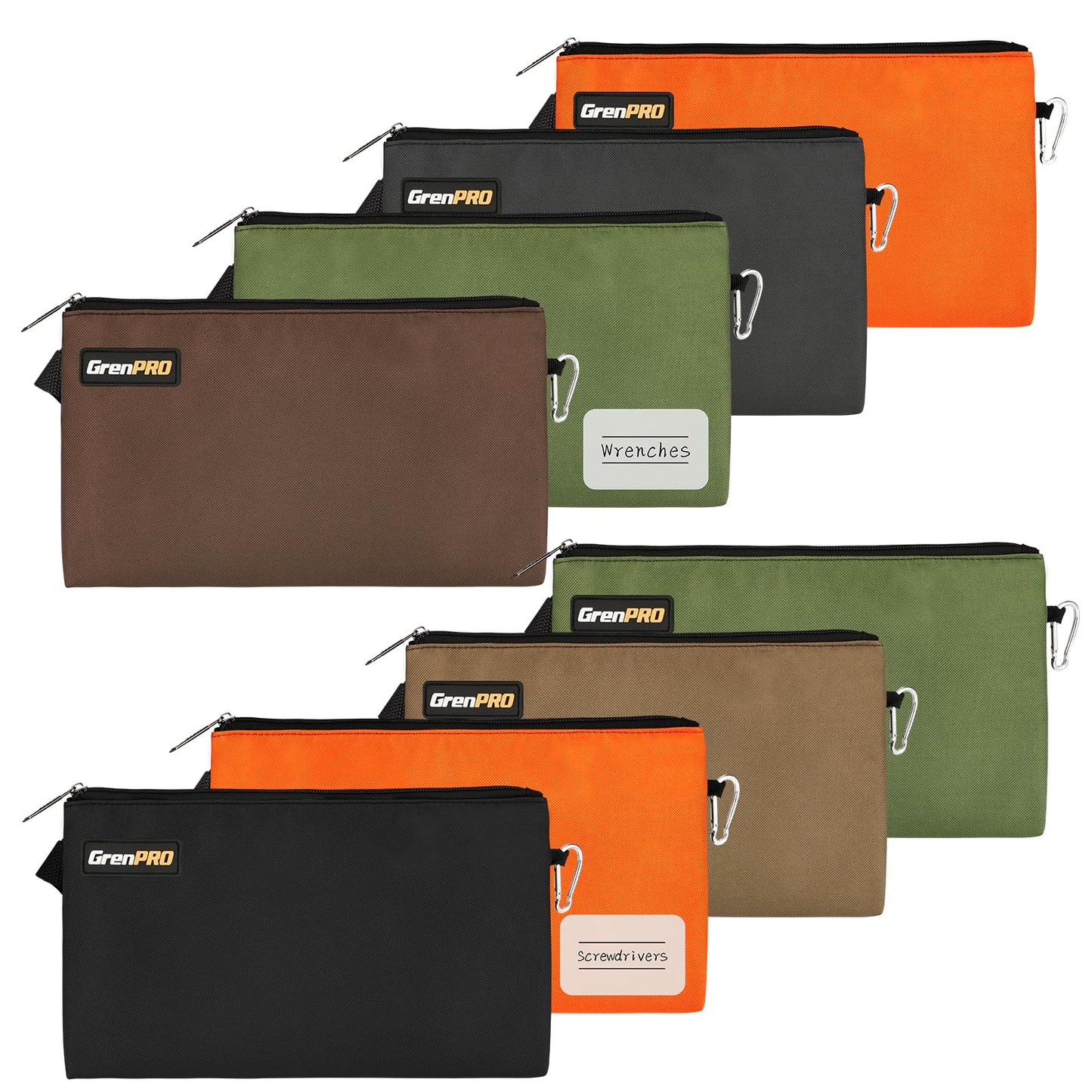 GRENPRO 8 Pack Canvas Tool Bag Zipper Tool Pouch, 12" Tools Utility Pouches Heavy Duty, Multipurpose Storage Organizer Bags with Dependable Metal Zippers