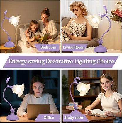 Vintage Flower Table Lamp, 3 Color Temperature Flexible Gooseneck Cute Small Desk Lamp for Bedroom, Kawaii Nightstand Bedside Lamps for Living Room, Dorm, Office, Home Decor (Purple)