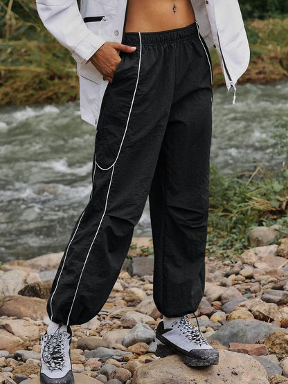 Yousify Womens Baggy Parachute Pants Wide Leg Elastic Waisted Contrast Track Pants Y2K Hiking Jogger Sweatpants with Pockets Black