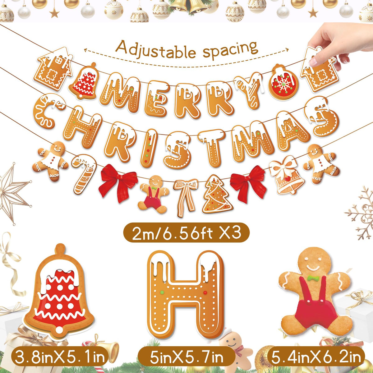 Merry Christmas Banner Gingerbread Christmas Hanging Decoration 3PCS Gingerbread Theme Garland Banner for Holiday Home Office Fireplace Wall Decor Outdoor Indoor Xmas Party Banner