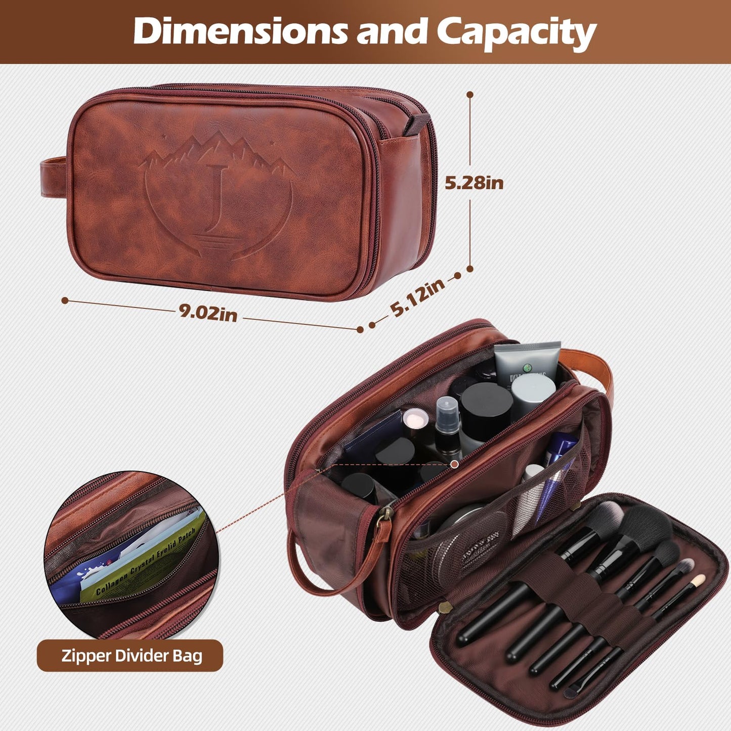 Ecttunafe Engraved Father Day Gifts Toiletry Bag for Men Dad Husband, Custom Initial PU Leather Waterproof Toiletry Organizer Dop Kit Shaving Bag Travel Essentials, Large, Durable, Brown,J