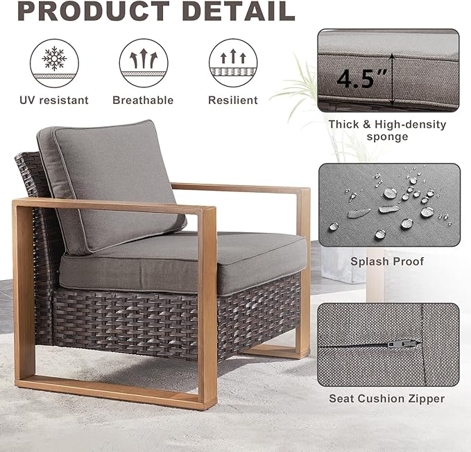 Rilyson Outdoor Wicker Patio Furniture Set - 6 Piece Patio Conversation Set with 2 Wicker Armrest Chairs,2 Rattan Ottoman,1 Side Table and 1 Couch,Sturdy Frame,Thick Cushions,Deep Seating(Brown/Grey)