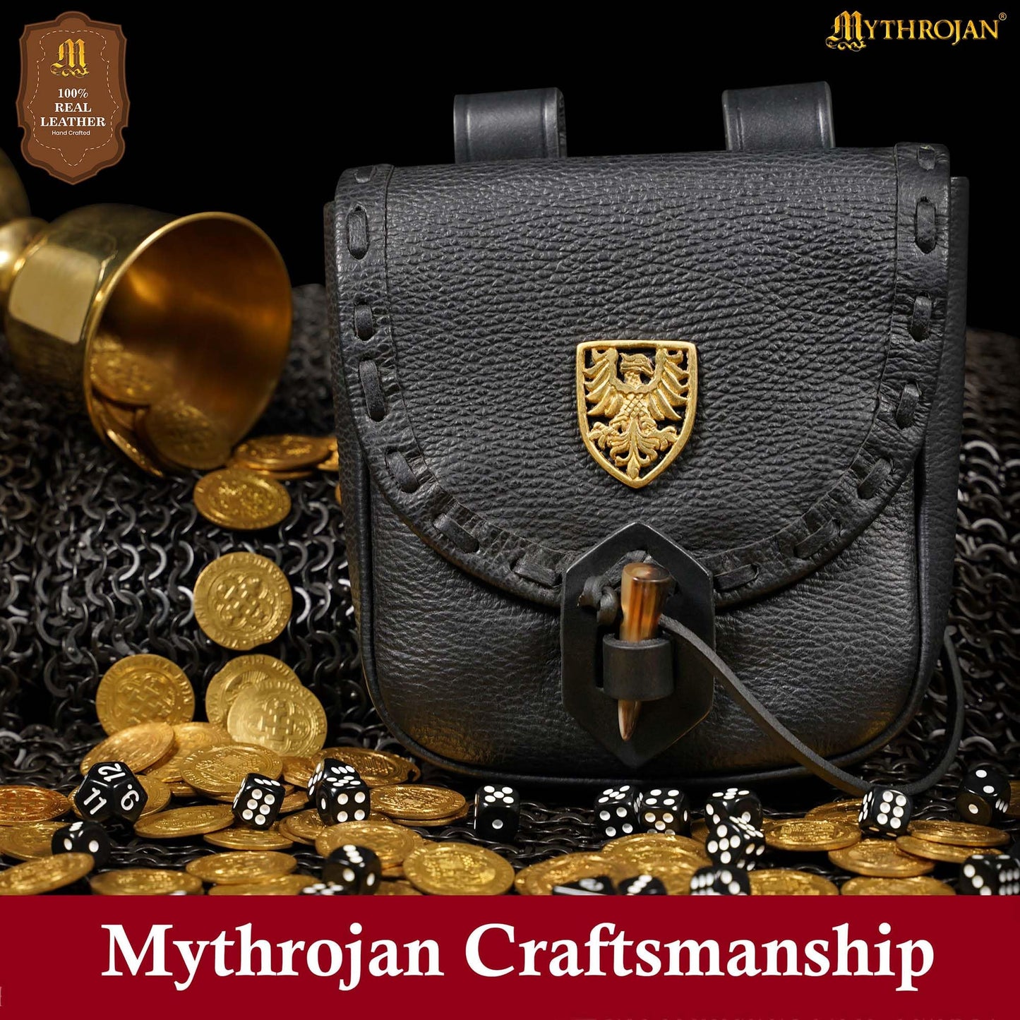 Mythrojan Leather Belt Pouch Medieval Genuine Leather Bag with Raven Decoration Accessories Pouch Viking Belt Coin Bag Renaissance Bag for Larp Fantasy Events, Ren Faire, Halloween-Black