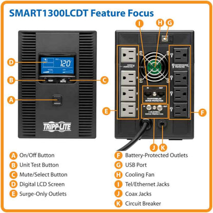 Tripp Lite 1000VA Smart UPS Battery Back Up, 500W Tower, 8 Outlets, LCD Display, AVR, USB, Tel / DSL / Coax Protection, 3 Year Warranty & $250,000 Insurance (SMART1000LCD) Black