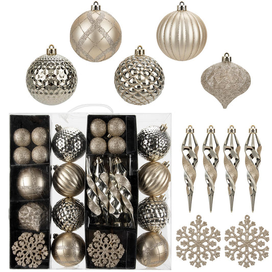 50PCS Christmas Tree Ornaments Set with Shatterproof Balls Icicle Snowflake Hanging Ornaments for Home Office Farmhouse Christmas Decorations, Champagne
