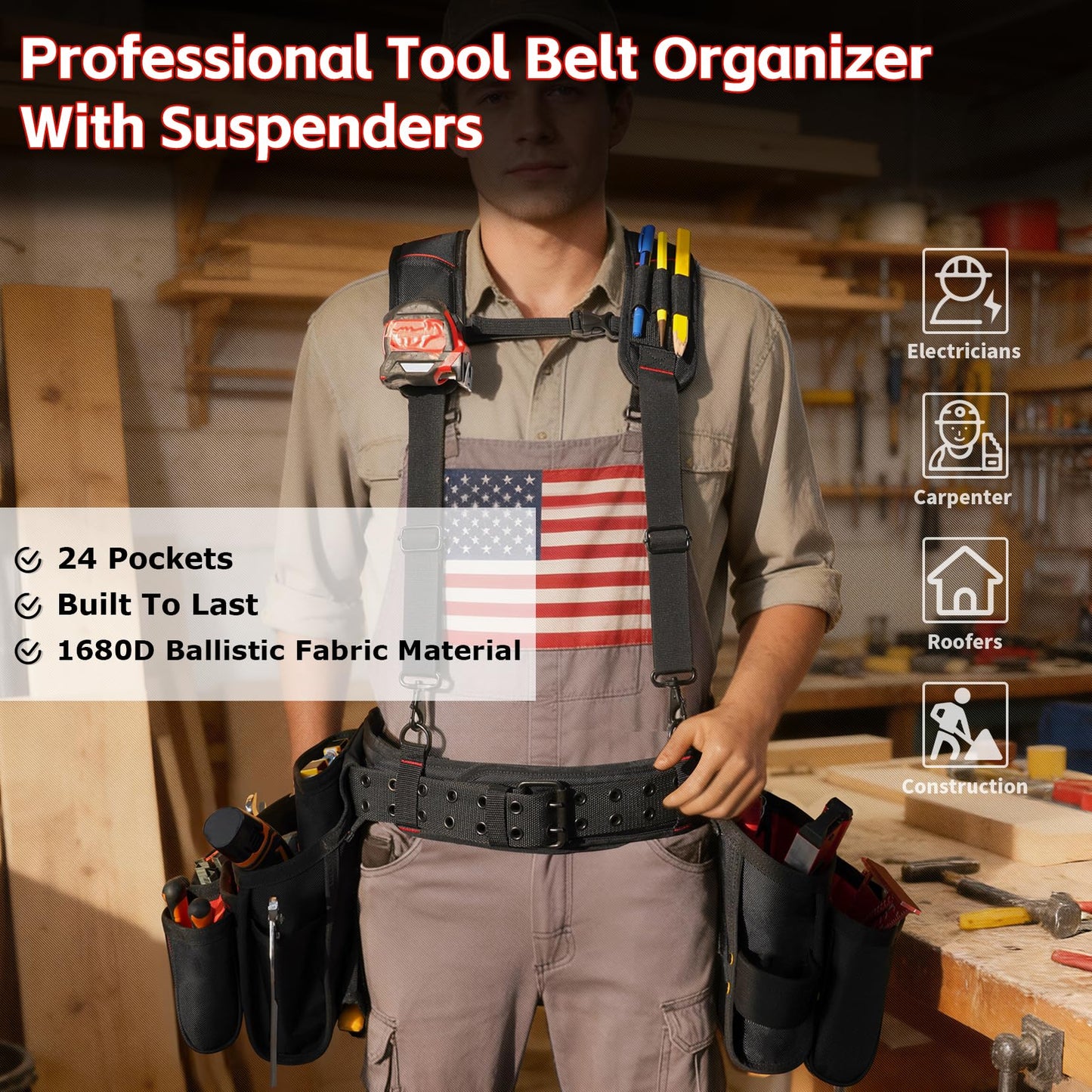 MELOTOUGH Tool Belt with Suspenders Electrician Tool Bag Suspenders Framers Combo Apron Tool Belt Construction Tool Pouch Suspenders Heavy Duty Carpenter Suspension Rig(RED)