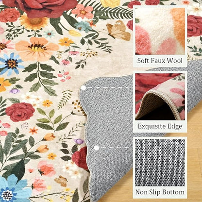Kitchen Rug Runners for Hallways: 2'6''x8' Washable Runner Rugs for Kitchen Ultra Thin Stain Resistant Non Slip Low Pile Lightweight Vintage Floral Carpet for Laundry Room Decor (Beige)
