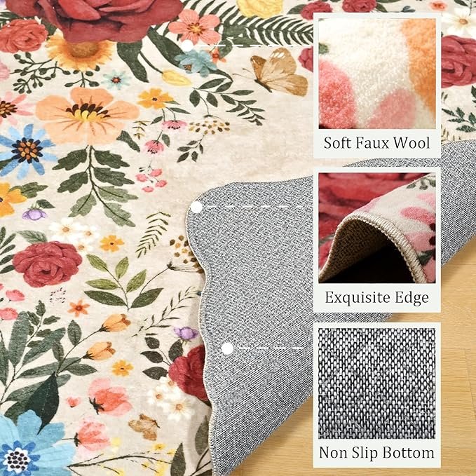 Washable Rugs for Living Room: 8x10 Area Rugs for Bedroom Soft Ultra Thin Stain Resistant Non Slip Low Pile Lightweight Vintage Floral Carpet for Dining Room Decor (Beige)