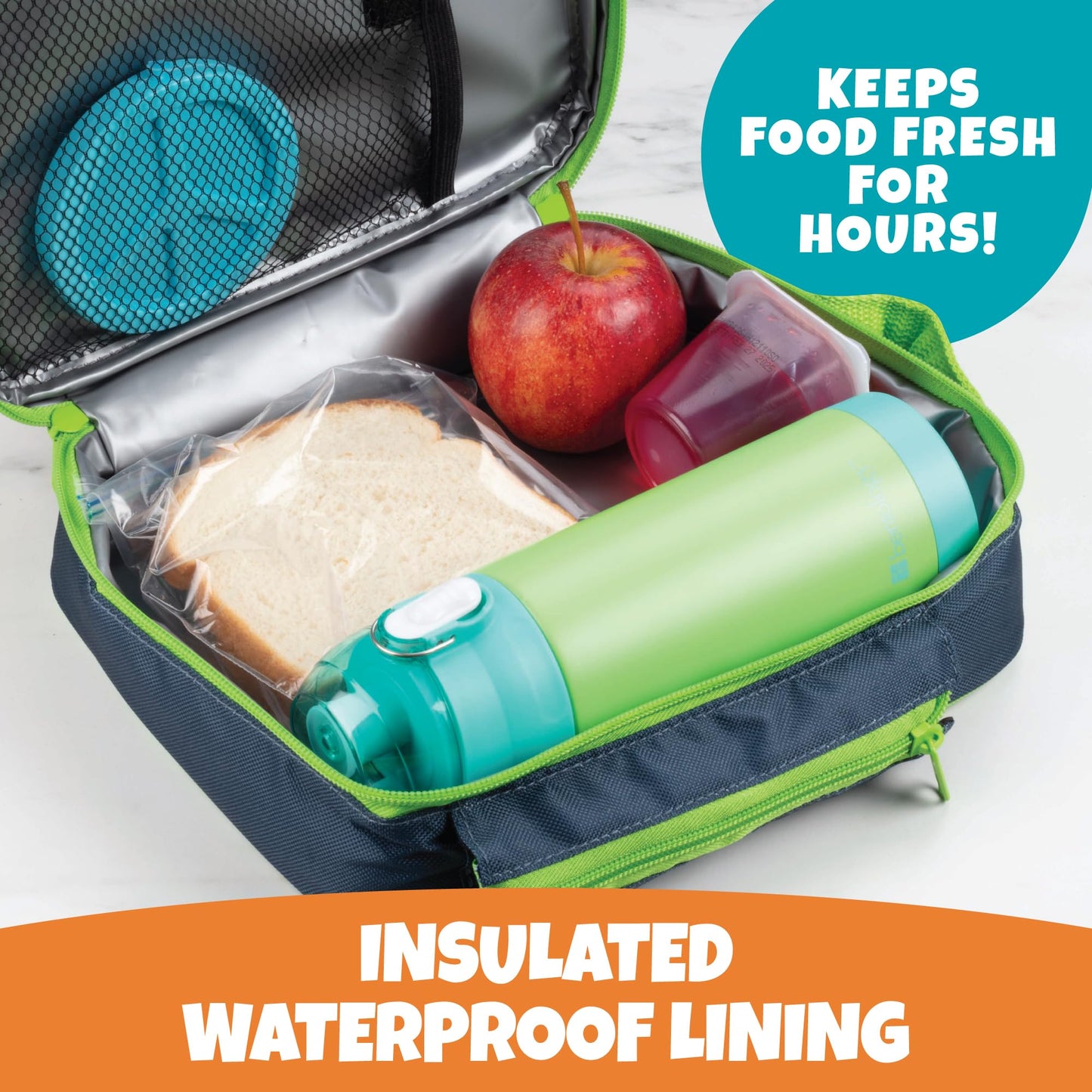 Insulated Lunch Box w Snack Pocket & Water Bottle Holder-Girls or Kids School Lunchbox Tote Keeps Food Hotter or Colder Longer-Reusable Bag Fits Most Bento Boxes Ice Packs Nesting Container-Blue Green