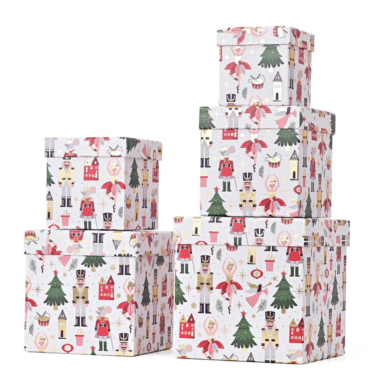 PAPER FAIR 5PCS Christmas Nesting Gift Boxes with Lid, Xmas Nested Box Set, 5 Sizes, Square Stackable, White Ballerina Nutcracker Paper Box Tower Décor, for Holiday Thanksgiving New Year Packaging