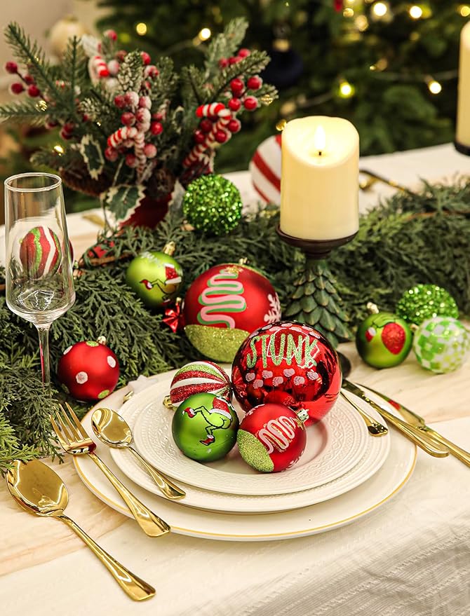 16Pcs Christmas Ball Ornaments Lime Green Red and White Christmas Tree Decorations Set 2.36" Shatterproof Plastic Ornaments for Tree, Hanging Xmas Décor for Office Holiday Home Indoor&Outdoor