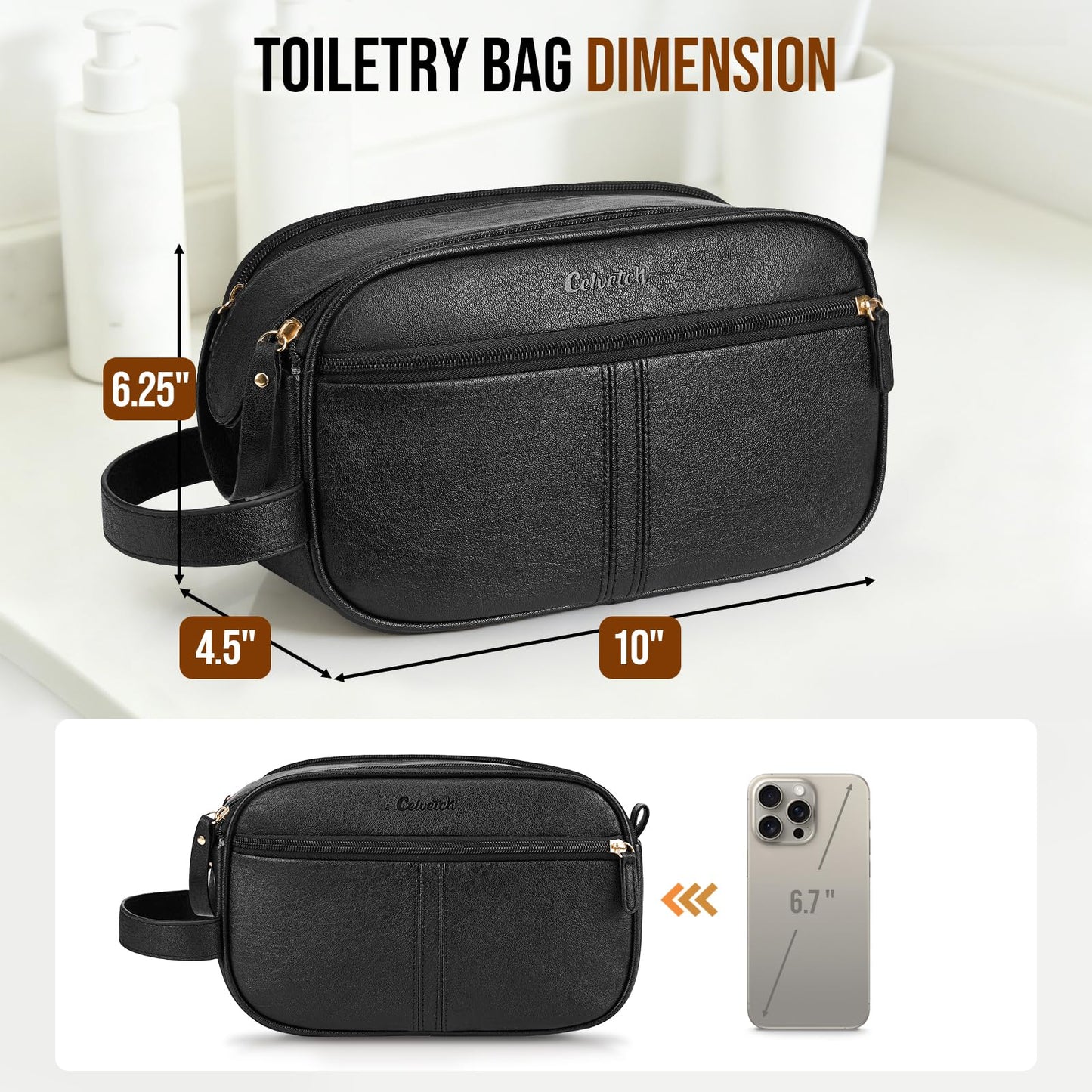 Celvetch PU Leather Toiletry Bag for Men, Water Resistant Travel Toiletry Organizer for grooming, Shaving Bag for Toiletries Accessories, Bathroom Essentials - Black