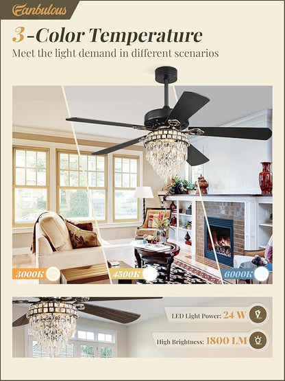 Fanbulous 52 Inch Farmhouse Fandelier Ceiling Fan with Light, Crystal Ceiling Fans Chandelier with 6 Speeds, Quiet Reversible Noiseless DC Motor, 3CCT, Indoor Ceiling Fan for Living Room Bedroom