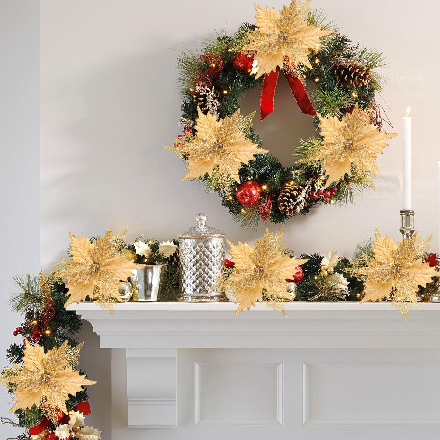 10'' Large Christmas Glitter Poinsettia Flowers Decorations, stadeco 10 Pcs Christmas Tree Picks Ornaments Artificial Flowers with Long Stems for Xmas Tree Wreath Garland Wedding Party DIY Decor