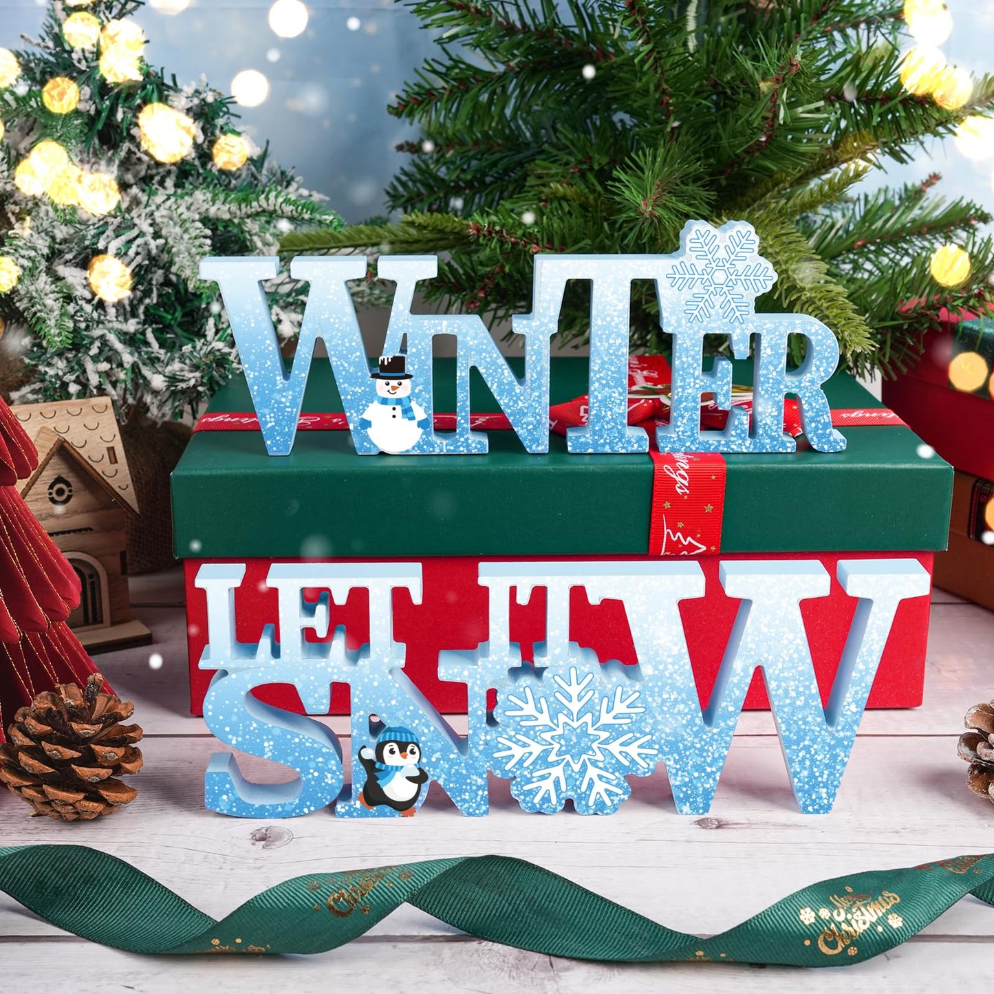 COCHIE Wooden Winter Let It Snow Sign, Snowflake Winter Decorations for Home, Office, Shelf, Mantel, Indoor, Blue White Wood Table Top Party Decor (Blue)