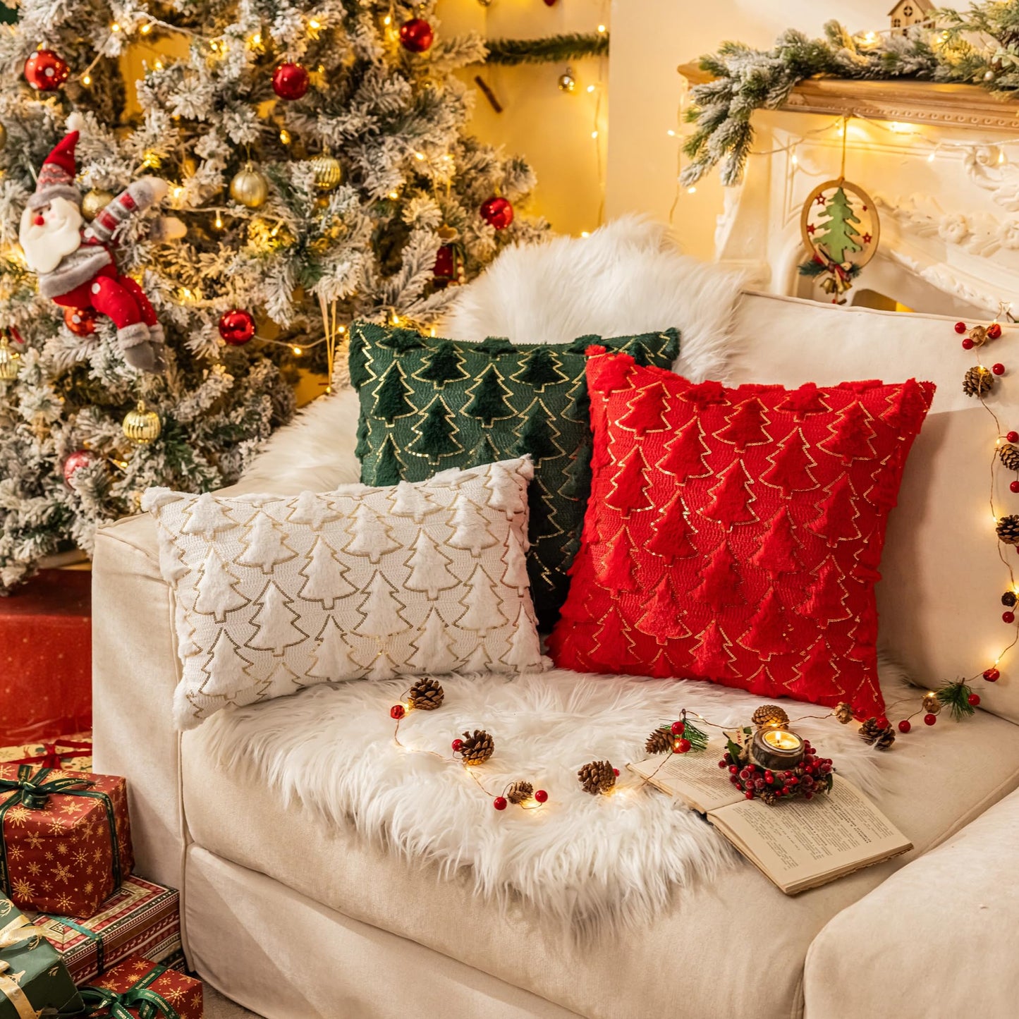AQOTHES Christmas Tree Green Throw Pillow Covers 18x18, Soft Faux Fur Sequins Throw Pillows for Couch Sofa Bed Room Cushion Covers Holiday Decorations