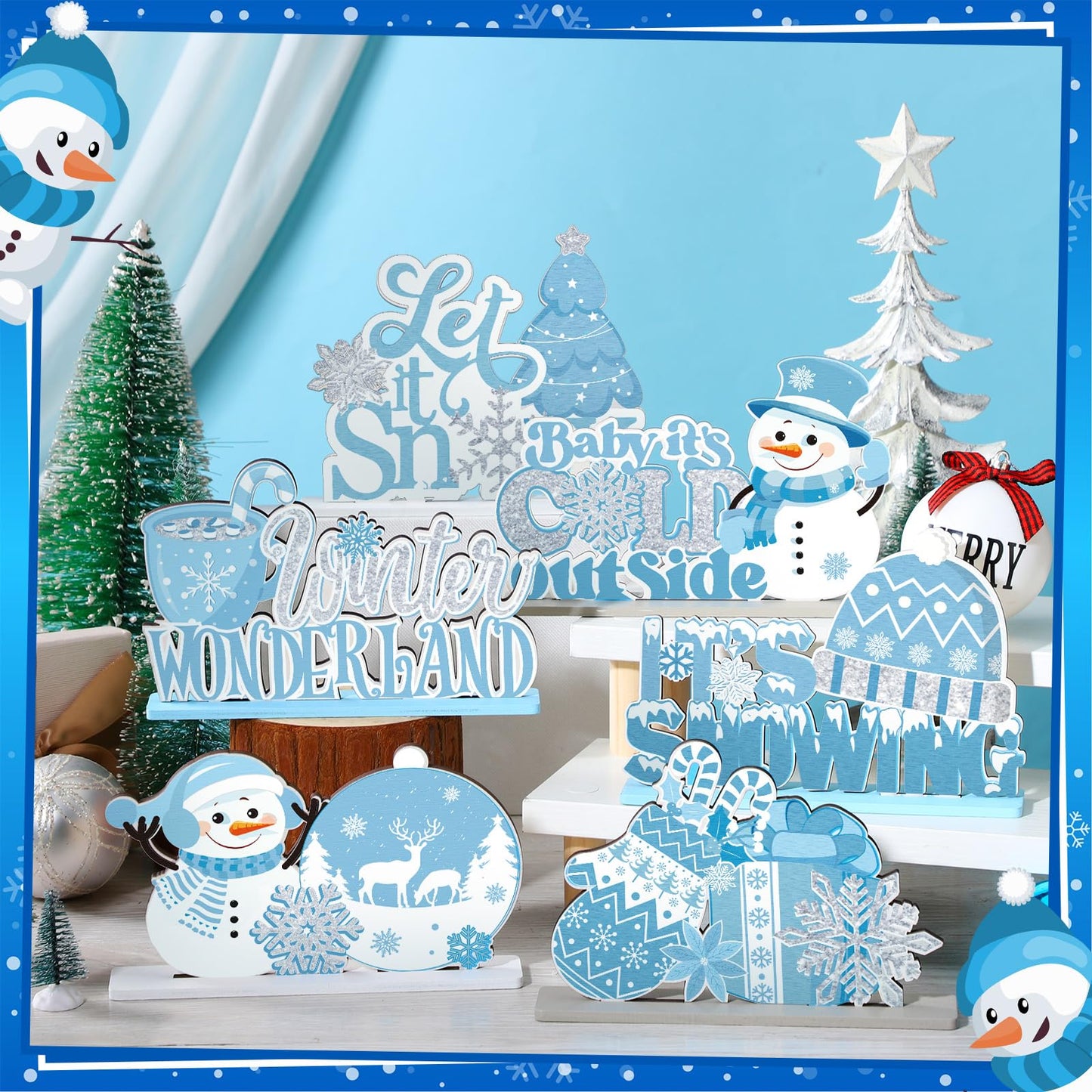 Wonderjune 6 Pcs Winter Wooden Table Decor Snowflake Snowman Wooden Centerpieces Wonderland Decor for Winter It's Snow Theme Xmas Birthday Baby is Cold Outside Party Supplies(Blue)