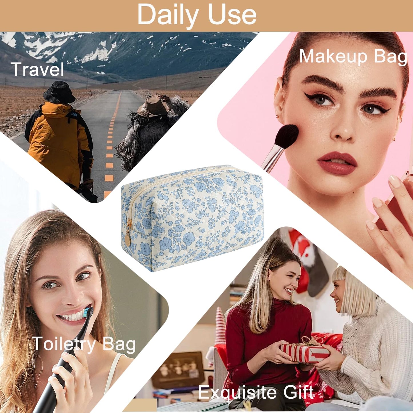 HHQQWZ Makeup Bag Travel Cosmetic Bag for Women Girls, Zipper Make Up Pouch, Floral Flowers Toiletry Organizer Makeup, Portable Storage Cosmetic Travel Cloth Bag (Blue Floral)