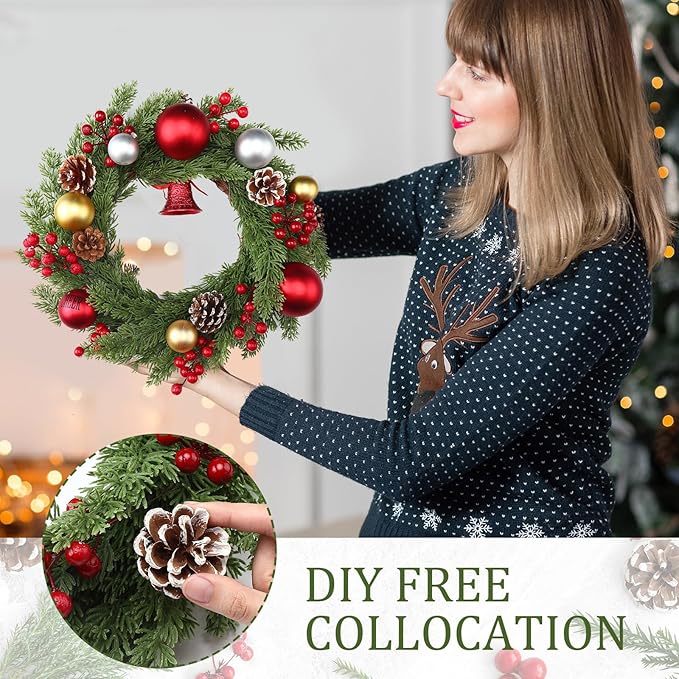 Zeyune Christmas DIY Green Wreath 14 Inch Artificial Christmas Wreaths Faux Plain Wreaths for Decorating Front Door Window Room Farmhouse Xmas Party Indoor Outdoor(Cypress Style,4 Pcs)