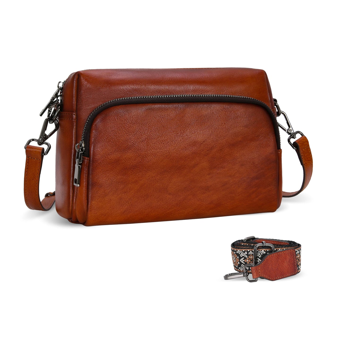Iswee Genuine Leather Purses and Handbags for Women Crossbody Bags Small Fall Purse Travel Satchel Shoulder Handbag with Guitar Strap Pocketbooks Everyday Bag (Brown)