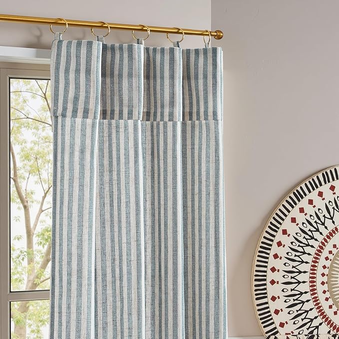 jinchan Striped Linen Kitchen Curtains with Attached Valance 24 Inch Length Cafe Tier Curtains for Living Room Rustic Half Window Light Filtering Rod Pocket Small Drapes 2 Panels Blue