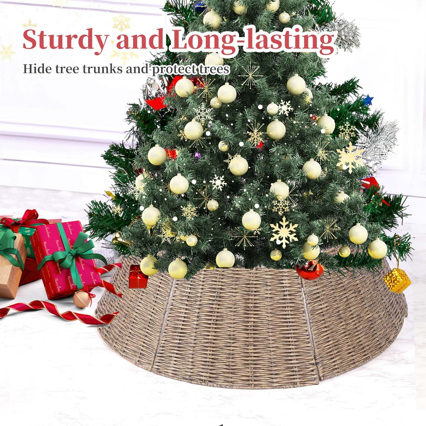 Vencer 28.3''Christmas Tree Collar,Plastic Rattan Xmas Tree Skirt,Rustic Decorations,Tree Skirt Base for Christmas Tree Decorations,Light Coffee,CTS-Y004