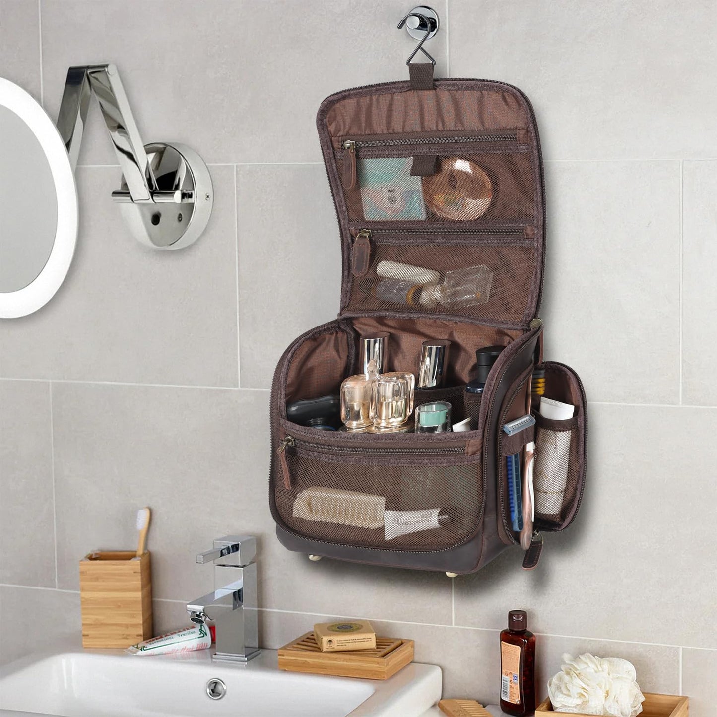 Polare Full Grain Leather Toiletry Bag Travel Hanging Organizer Case Shaving Kit Wash Bag Makeup Cosmetic Dopp Kit with YKK Zippers