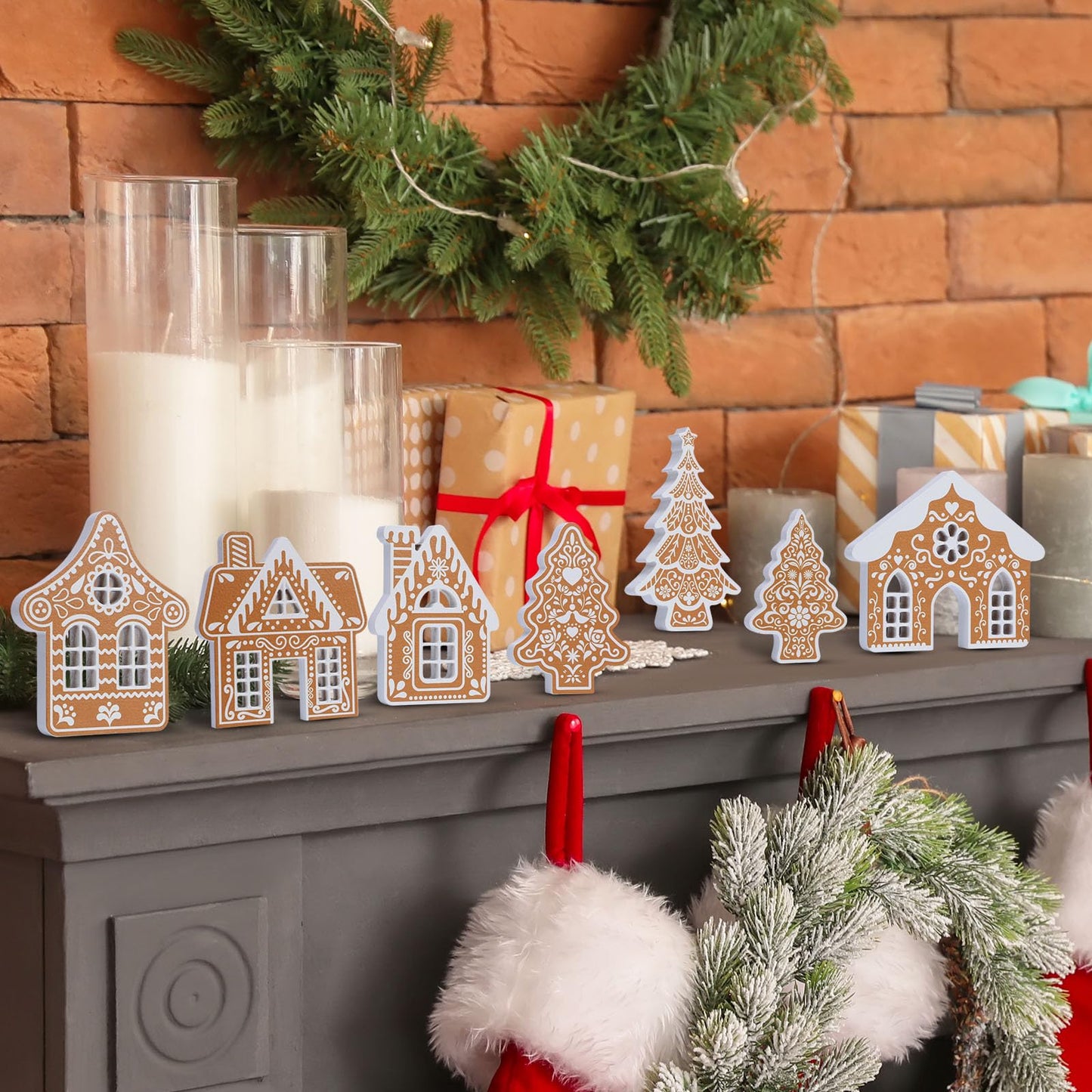 Faccito 9 Pcs Wood Gingerbread House Decor Sets Christmas Village Bulk Wooden Christmas Tree Centerpiece Winter Desk Shelf Ornament for Mantel Window Xmas Tabletop Farmhouse Indoor Decorations