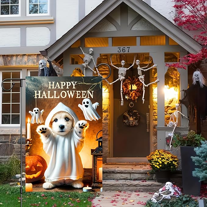 Double Sided Vertical Garden Flag - 12x18 Halloween Bichon Frise Dog Pumpkin Outdoor Decorative Flag for Yard, Lawn, Patio