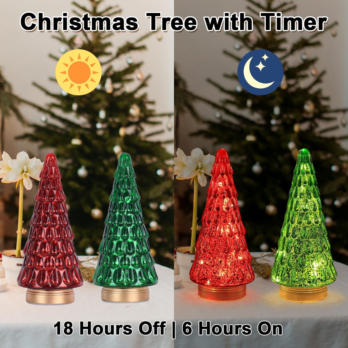PHITRIC Christmas Decorations Indoor, 2 PCS Sparkling Glass Christmas Tree Table Centerpieces Decor with LED Lights and Timer, Xmas Tree Decorations for Home, Mantel, Shelf, Tabletop (Red & Green)