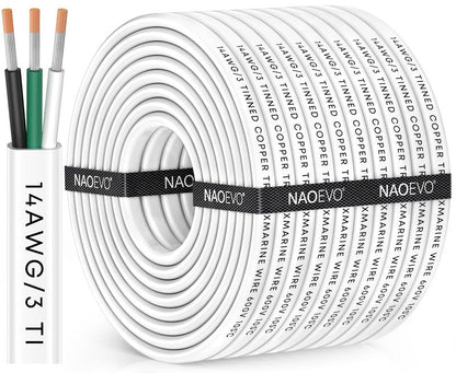NAOEVO 14 Gauge Marine Wire, 14/3 Triplex Marine Electrical Cable, Waterproof/Insulated PVC/Oxygen-Free Tinned Copper 14 AWG Wire for Boat, Automotive, RV, Solar, LED, Trolling Motor (100FT)