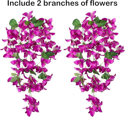 2PCS Bougainvillea Artificial Hanging Flowers Plants for Outdoors Outside Fall Decoration, Faux Silk Flowers Fake Vines UV Resistant Look Real Realistic for Front Door Porch Planter Balcony, Fuchsia