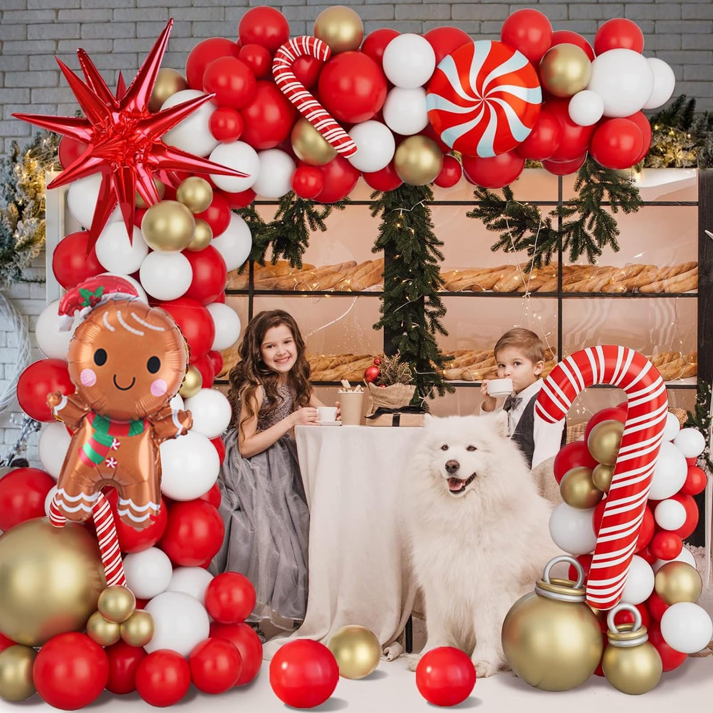 Christmas Balloon Garland Arch Kit Xmas Holiday Balloons with Red White Golden Balloon Candy Foil Balloon Candy Cane Balloon Red Starburst Balloons for Christmas Party Decorations