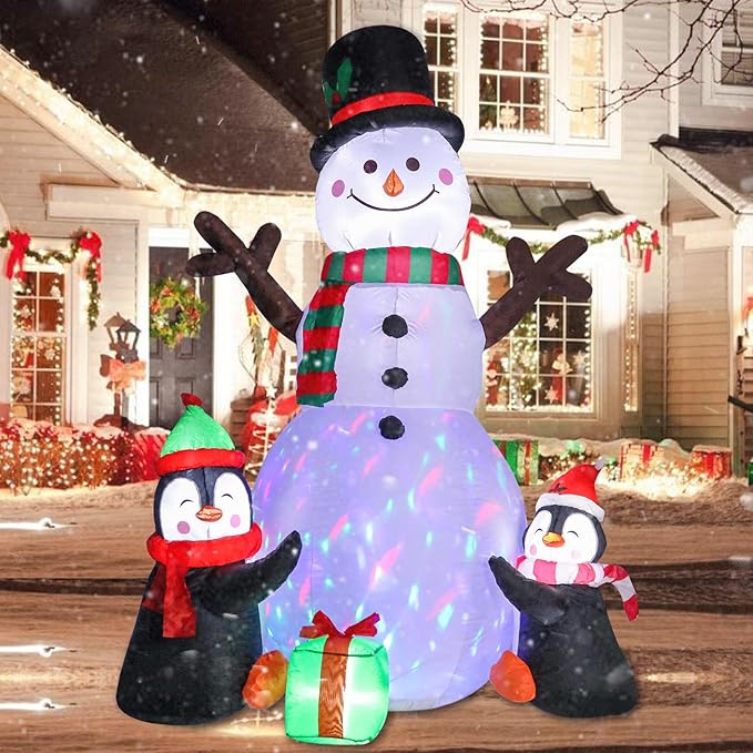 6 FT Christmas Inflatable Decorations, Infaltables Snowman with 2 Penguins Built-in Twinkle Colorful LED Lights Christmas Blow up Yard Decorations for Xmas Garden Patio Lawn Decor
