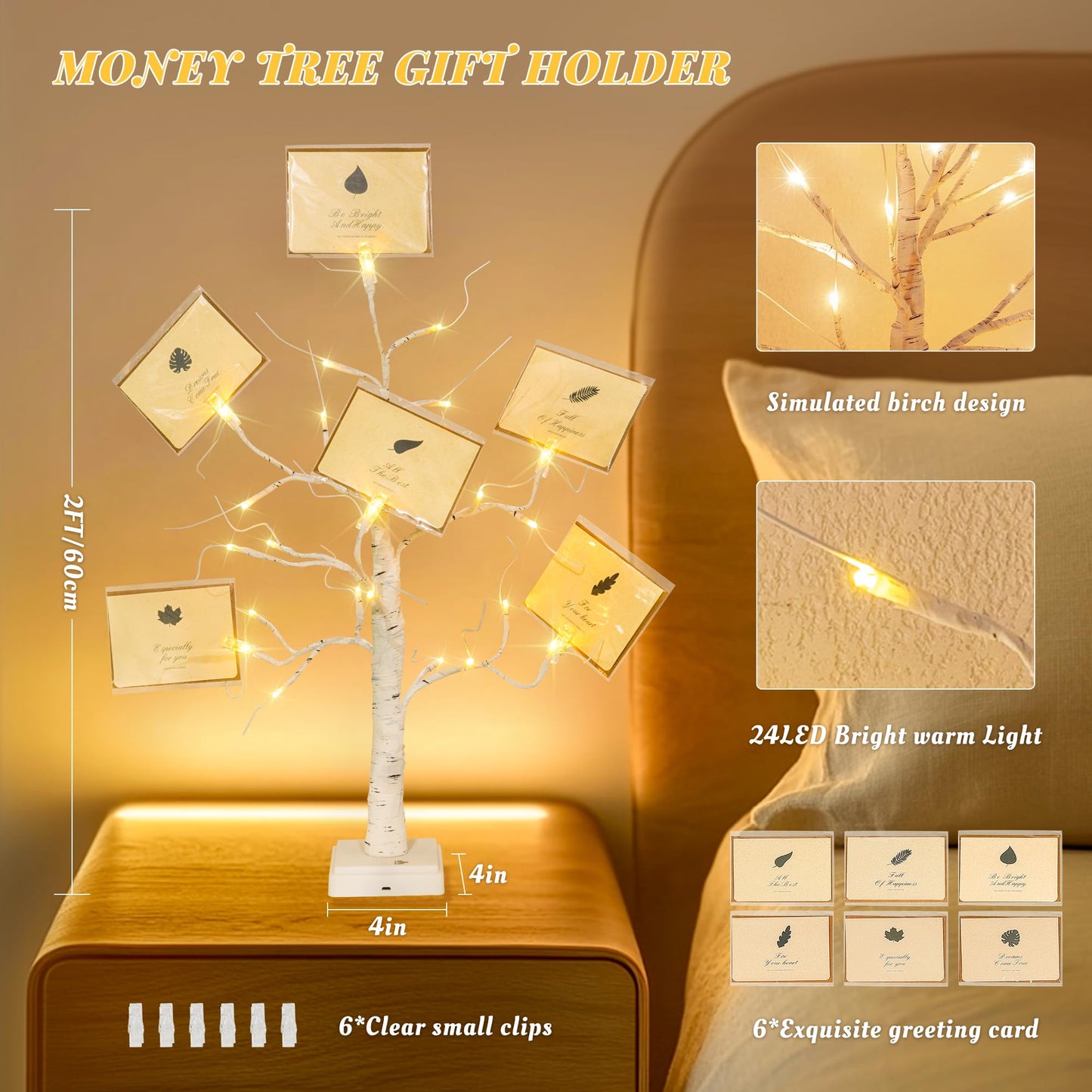 Money Tree Gift Card Holder 24 LED Birch Tree Lamp Battery/USB Powered Light Up White Trees Gift Card Holder with 6 Clips and 6 Greeting Cards for Photo Birthday Christmas Graduation Decor