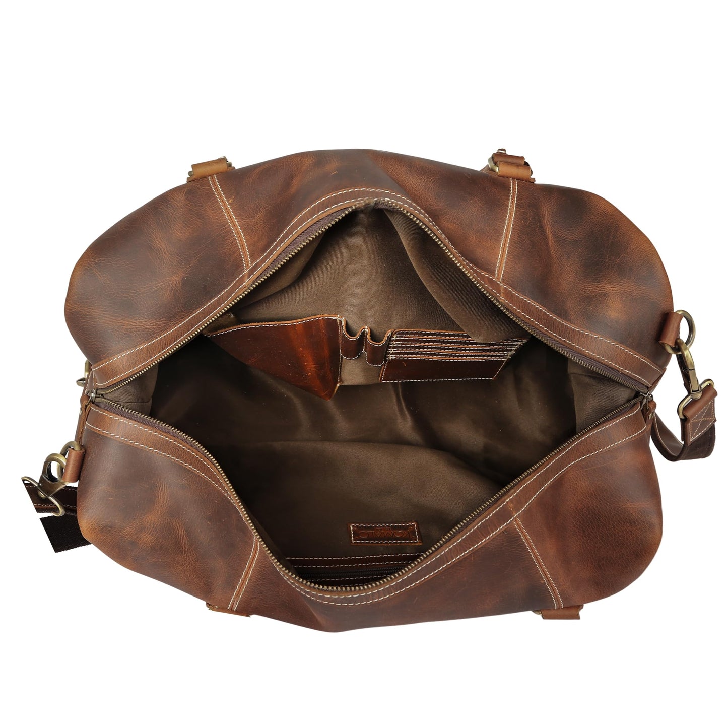 KomalC Leather Travel Duffle Bags for Men and Women Overnight Weekend Bag, Sports Gym Duffel (Dark Tan)