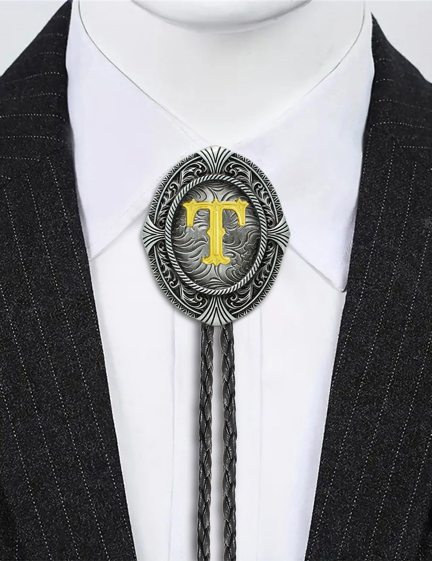 HUABOLA CALYN Vintage Bolo tie for Men Western Cowboy Native American Initial Letter ABCDJMR to Z Costume Bolo ties for Women (T)