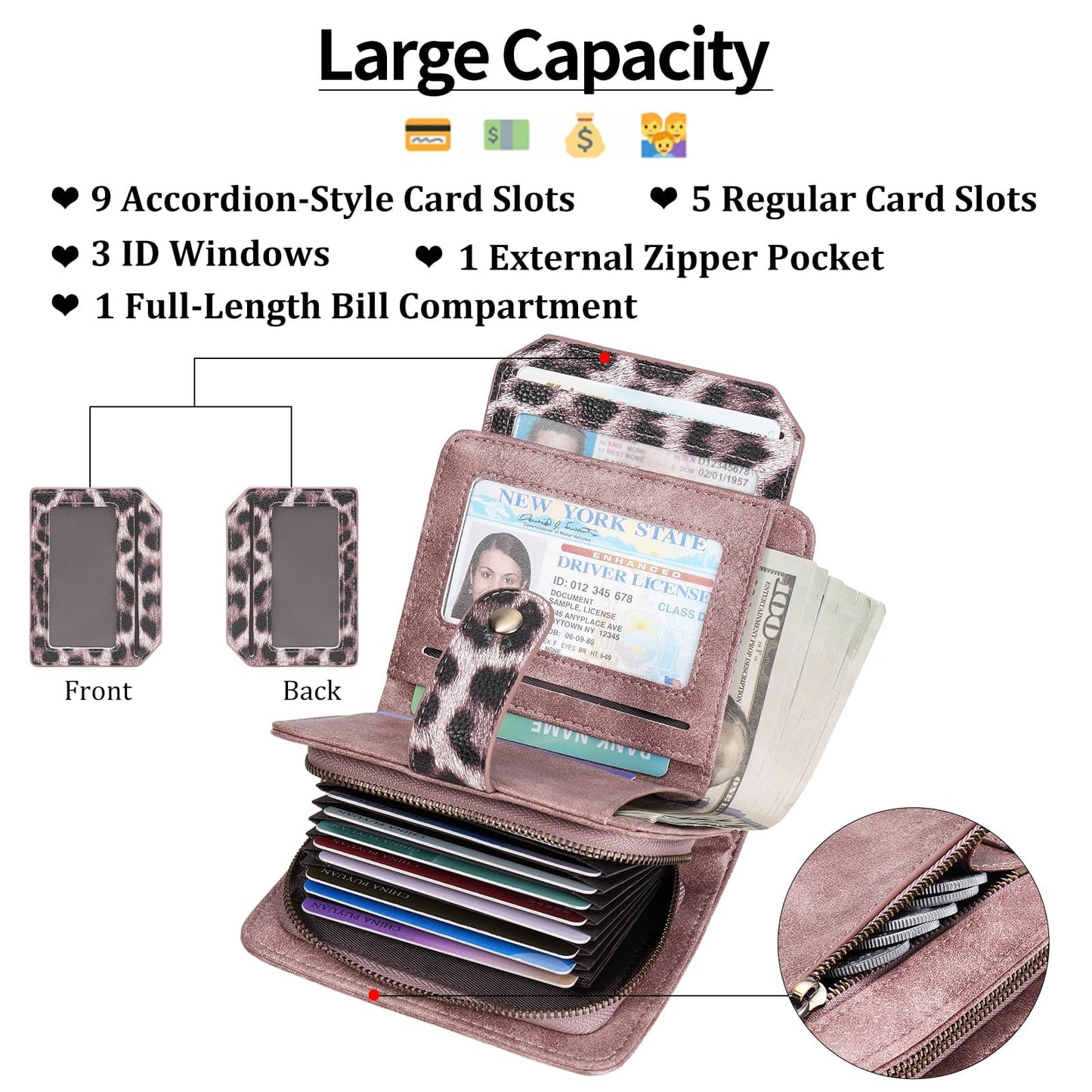GAEKEAO Small Leather Credit Card Holder Wallets for Women RFID Blocking Bifold Wallet Zipper Pocket with Removable ID Window