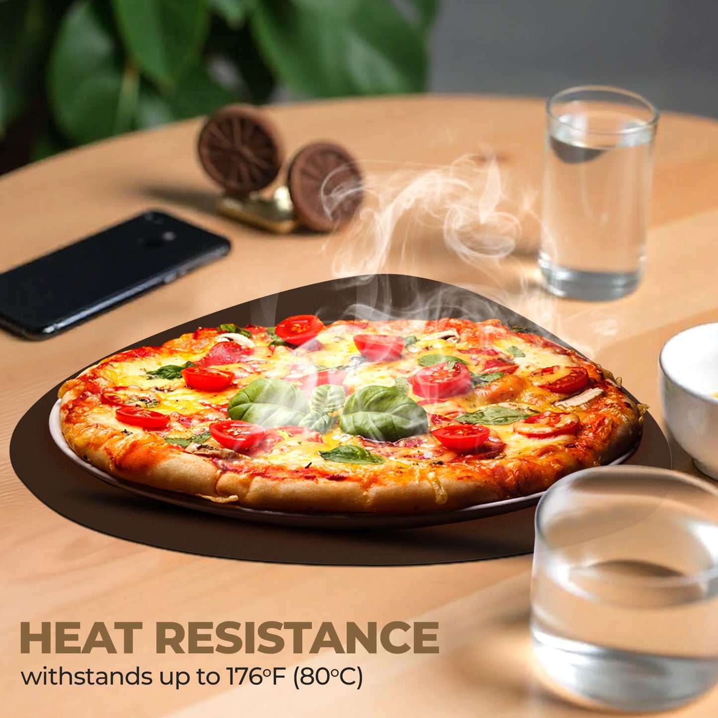 CaSail Faux Leather Placemats and Coasters - Set of 4 Round Modern Brown Table Mats for Dining - Heat Resistant, Waterproof & Non Slip Place mat for Indoor & Outdoor - Wipeable for Easy Care (Brown)