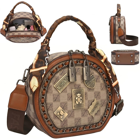 Cross Body Purse, Mini Round Crossbody Bags for Women, Vintage Womens Small Crossbody Purse with Chain Strap & Scarf, Retro Shoulder Handbag for Date Night Travel(Khaki)